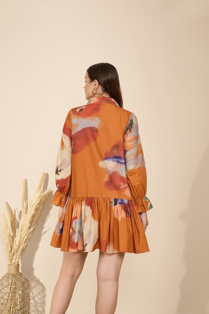 Rust Abstract Print Tiered Mini Shirt Dress