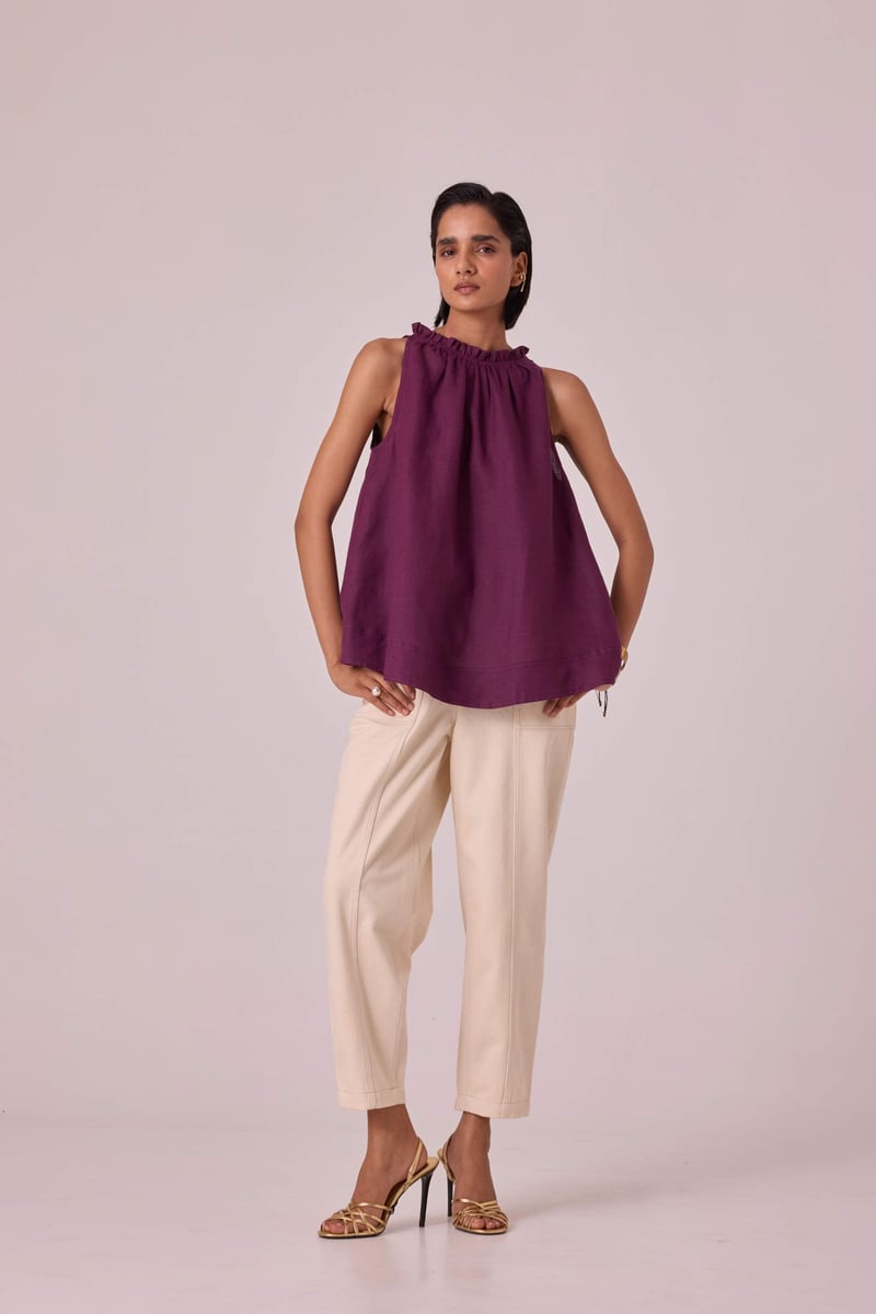 Purple Linen Halter Neck Flowy Top with Ruffle Neckline