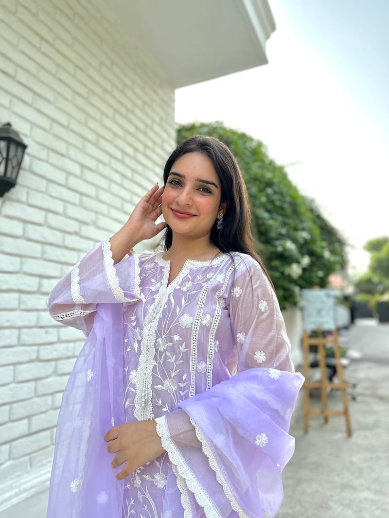 Lavender Embroidered Chanderi Suit Set with Organza Dupatta