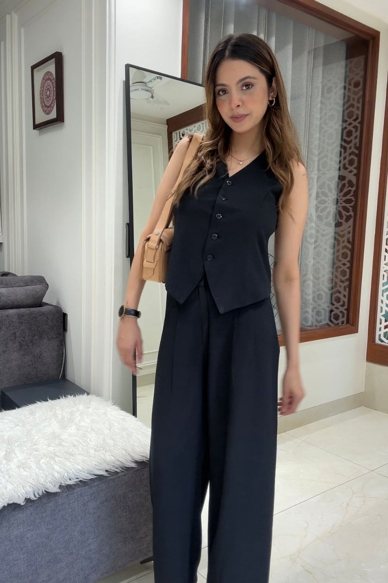 Black Waistcoat and Wide-Leg Pants Co-ord Set