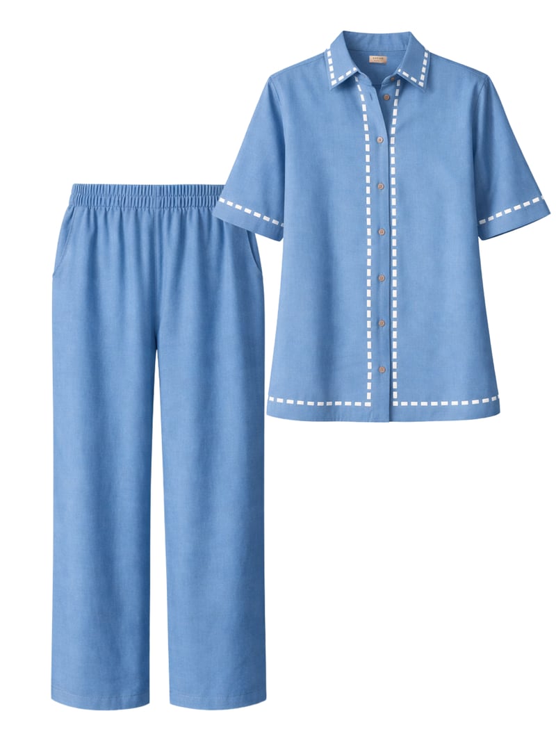 Denim Blue Cotton-Linen Shirt and Pants Co-ord Set