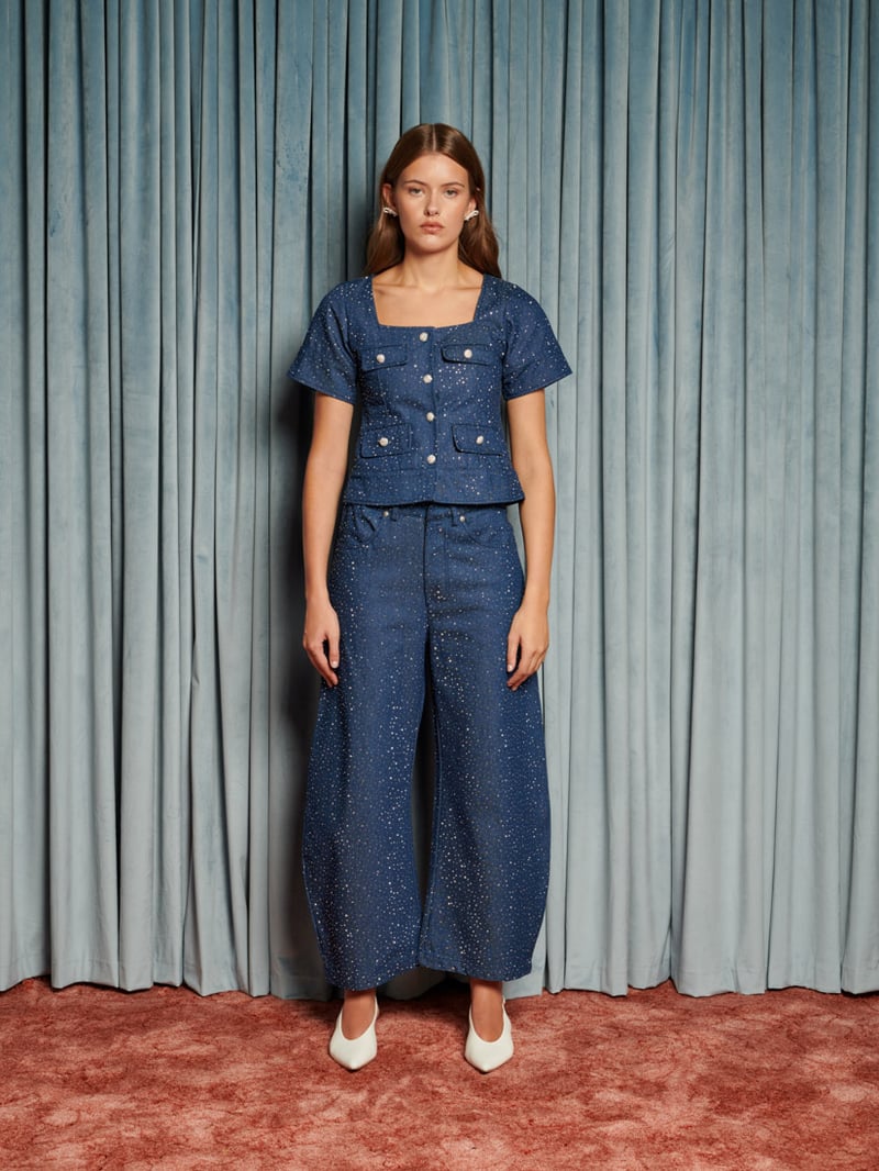 Blue Square-Neck Sparkle Button-Front Top