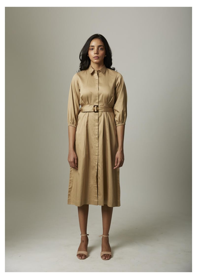 Gold Cotton Satin Belted Midi Shirt Dress — Escape By Aishwarya