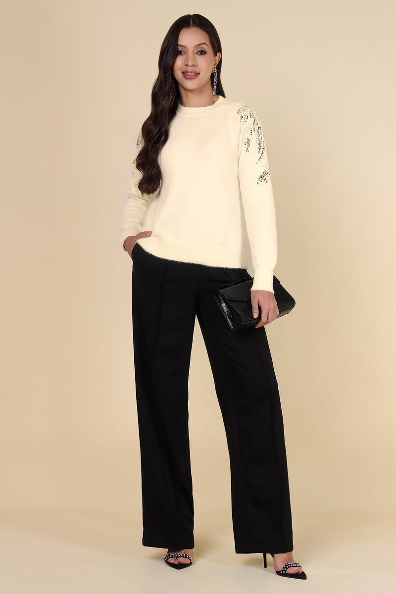 Ivory Sequin Sleeve Round Neck Pullover Sweater