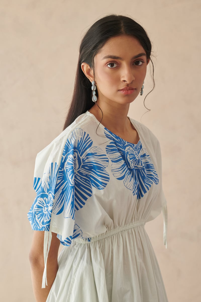 White Cotton Fit and Flare Midi Dress with Blue Floral Print