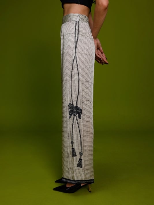 Ivory and Black Cupro Satin Kaftan and Pant Co-ord Set