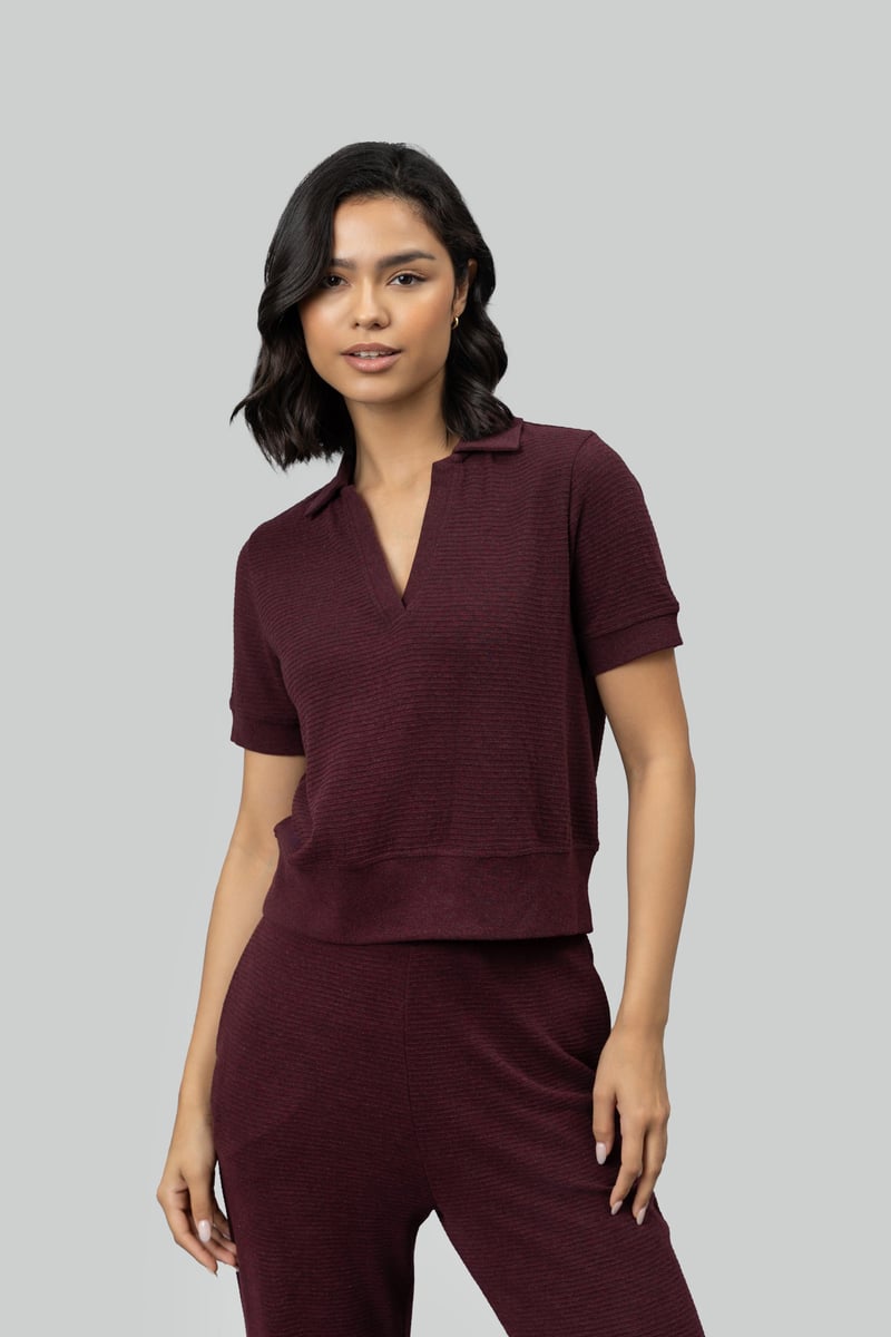 Burgundy Ottoman Rib Cropped Polo Top