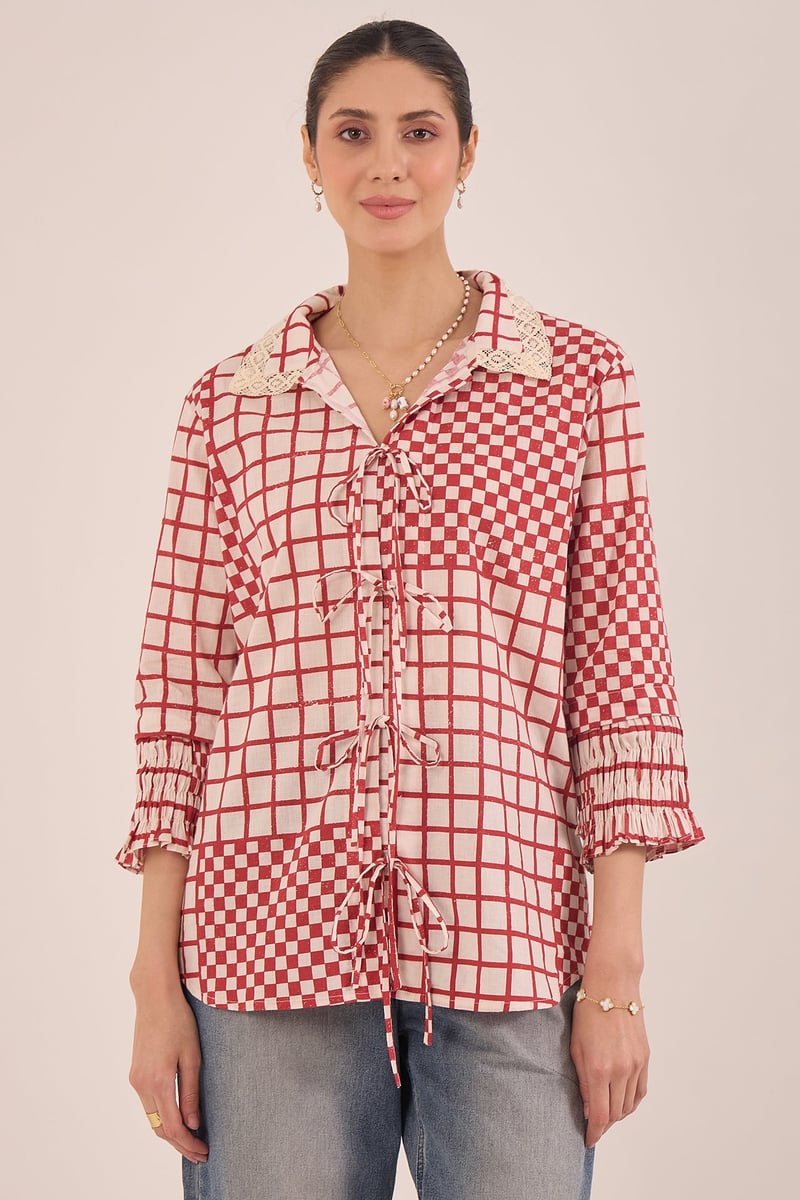 Red and White Patchwork Check Tie-Up Shirt Tunic — SHIVANI BHARGAVA