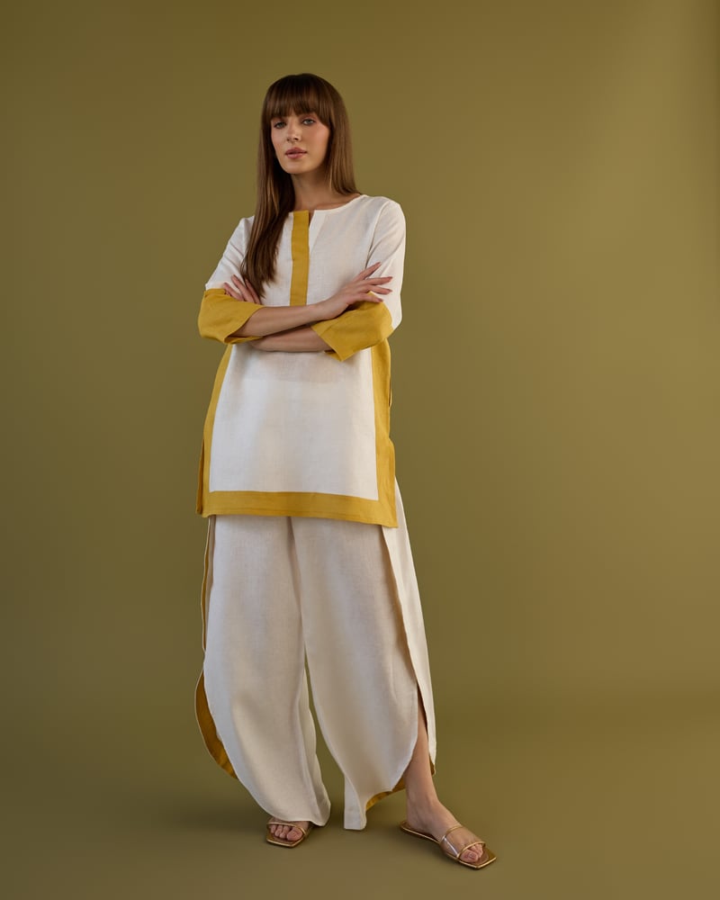 White and Ochre Linen Tunic and Tulip Pants Co-ord Set — AUR