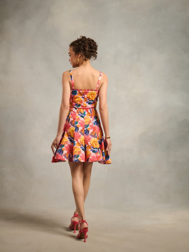 Red Tropical Print Fit and Flare Mini Dress