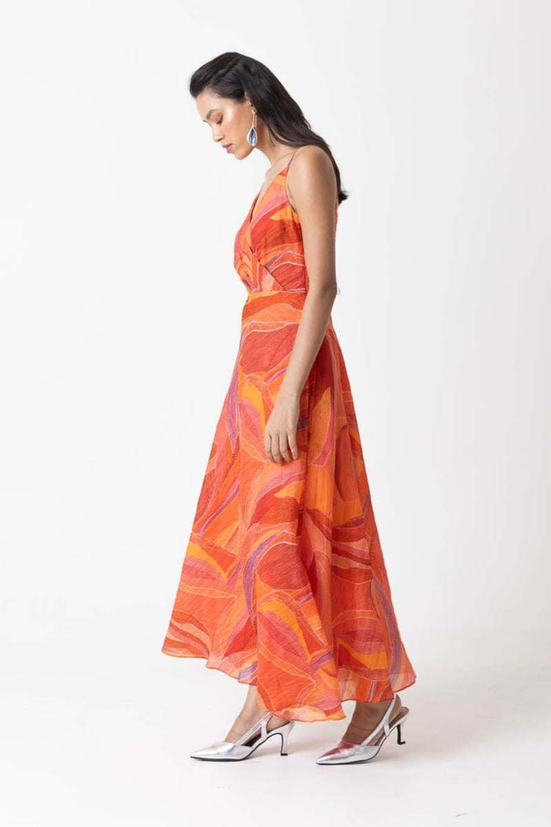 Orange Multicolor Abstract Print Fit and Flare Midi Dress