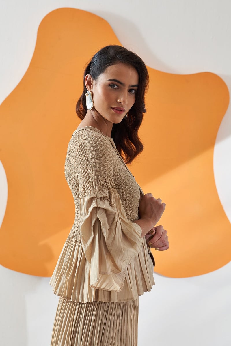 Beige Smocked Peplum Top and Pleated Pants Co-ord Set