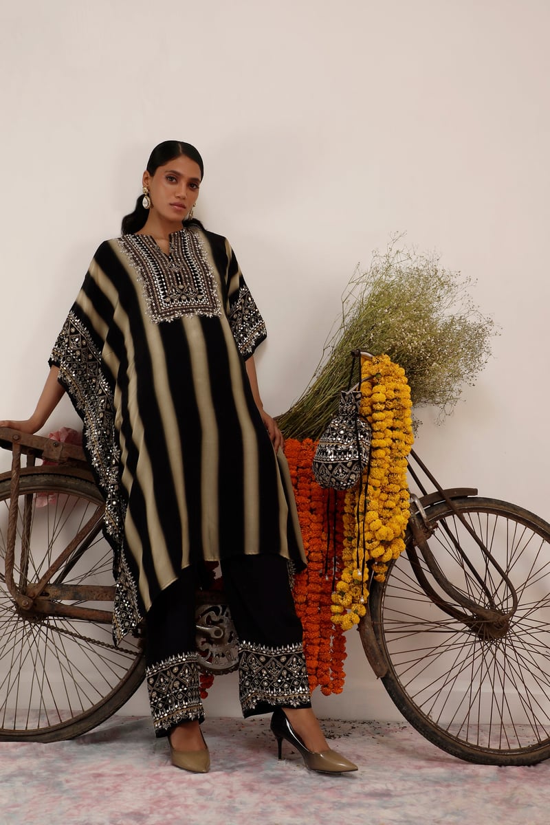 Black and Beige Striped Embellished Kaftan Kurta Set