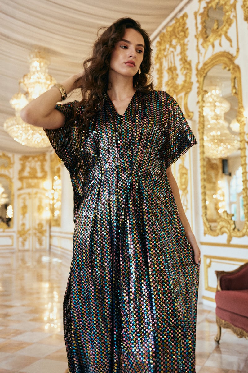 Multicolour Iridescent Sequin Maxi Kaftan Dress