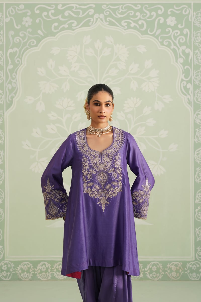 Purple Embroidered Chanderi Kurta Set with Salwar