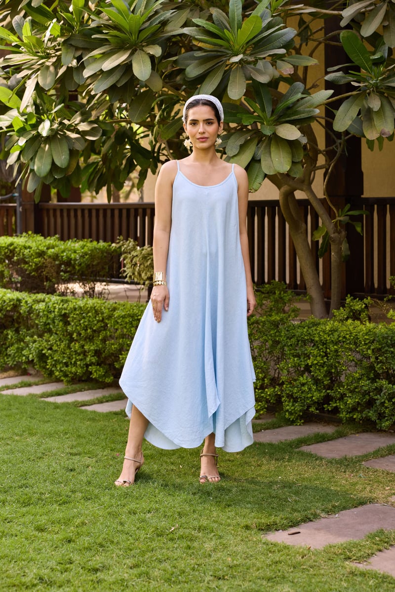 Light Blue Asymmetrical Hem Strappy Maxi Dress — Eko Clothing