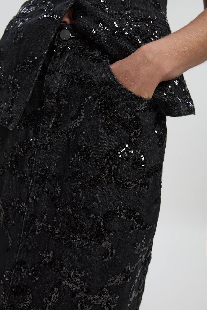 Black Sequin Floral Midi Pencil Skirt with Front Slit
