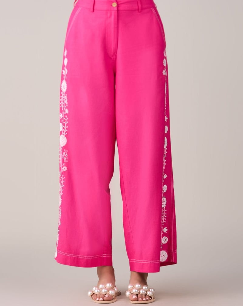 Pink Wide-Leg Embroidered Trousers