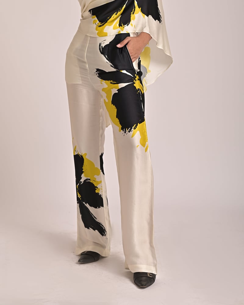High-Waist Abstract Floral Printed Satin Straight Pants