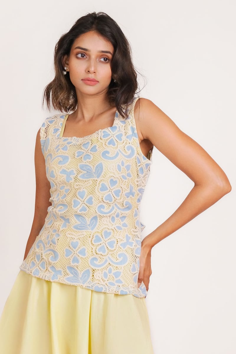 Yellow and Blue Floral Mesh Bodice Maxi Dress Set