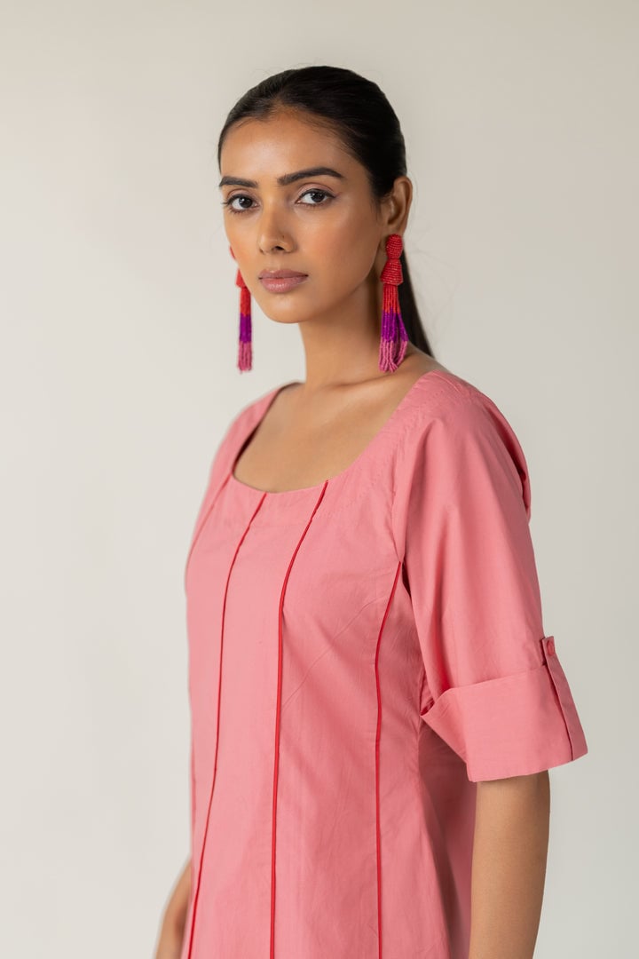 Blush Pink Poplin A-Line Midi Dress with Square Neck