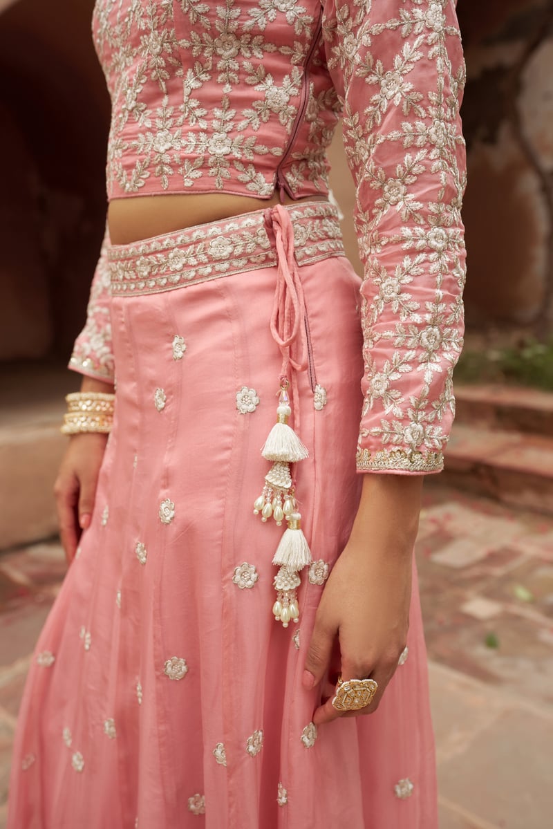 Pink Organza Embroidered Lehenga Set with Dupatta