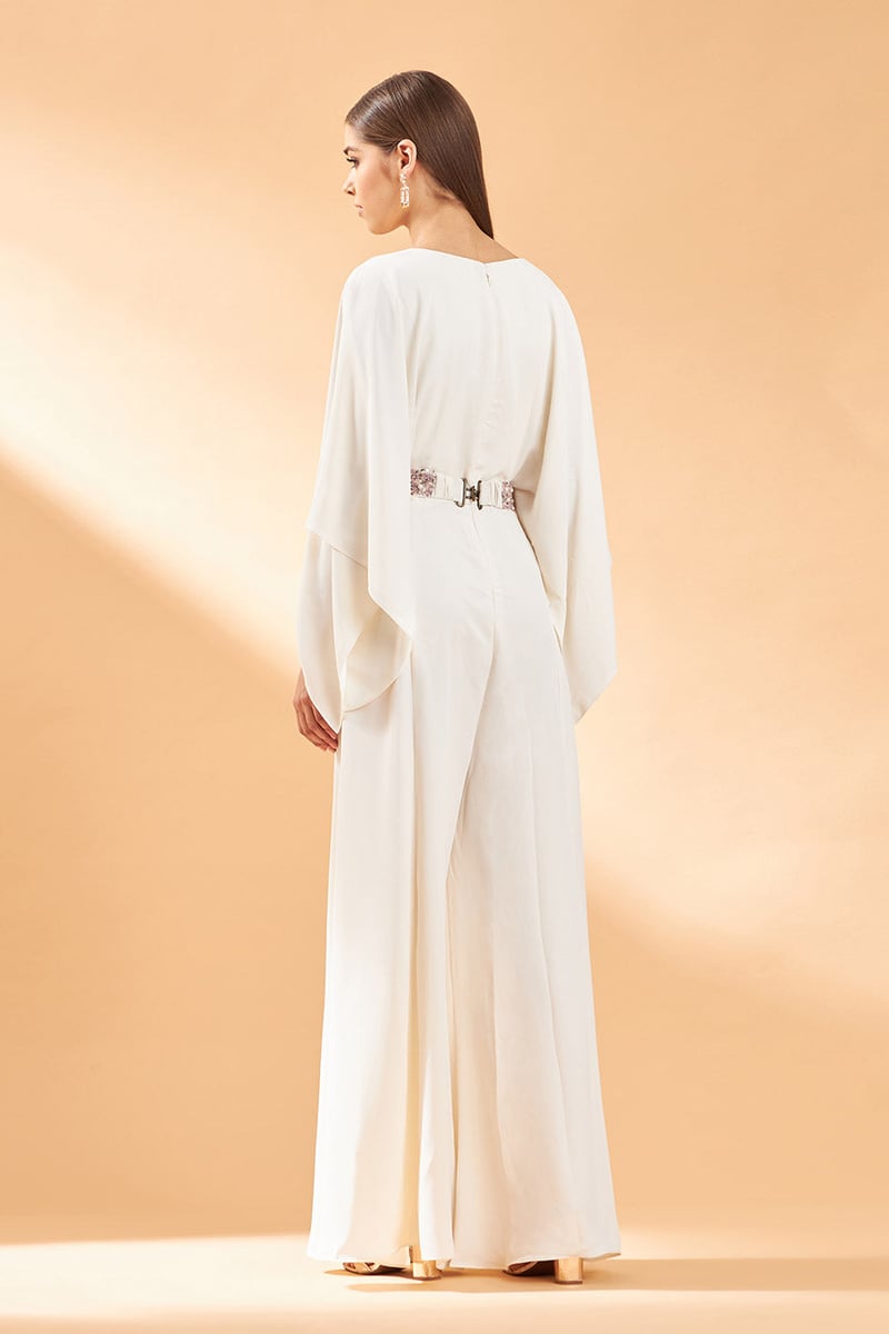 Cream Draped Cape Sleeve Jumpsuit with Embellished Belt