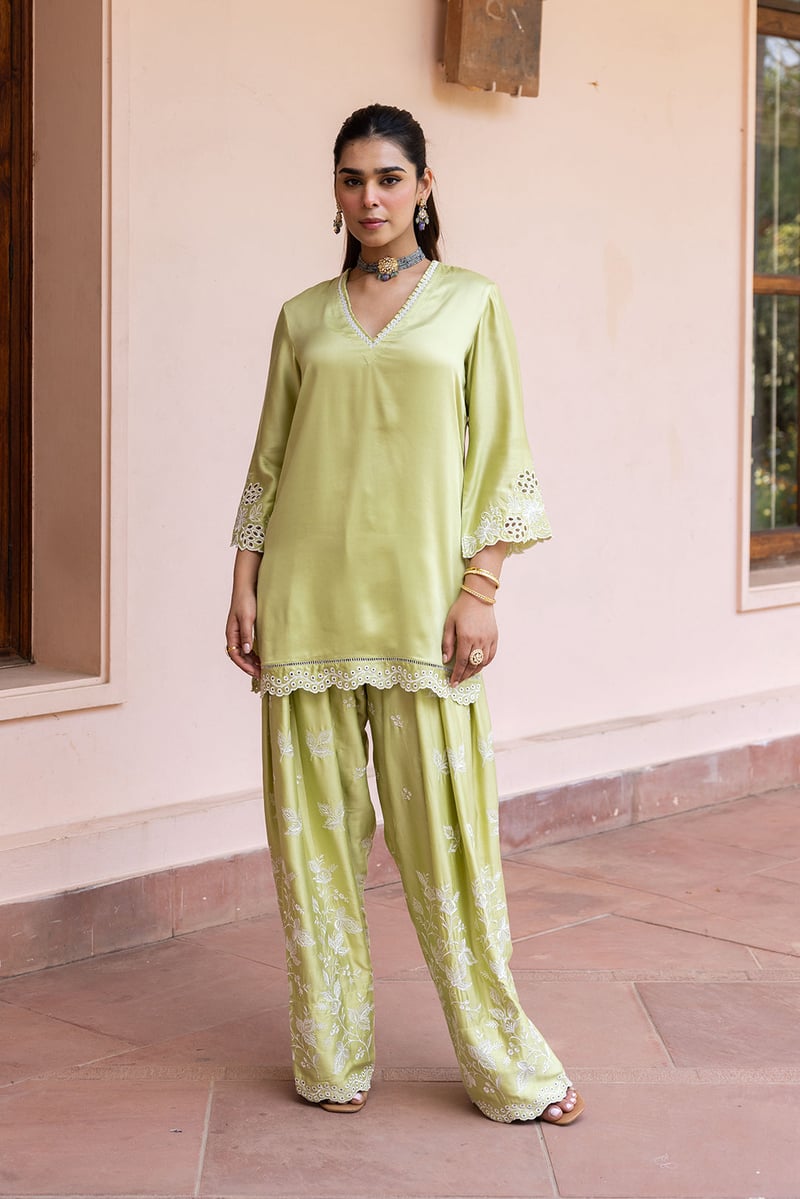 Green Cutwork Tunic and Farshi Pants Co-ord Set