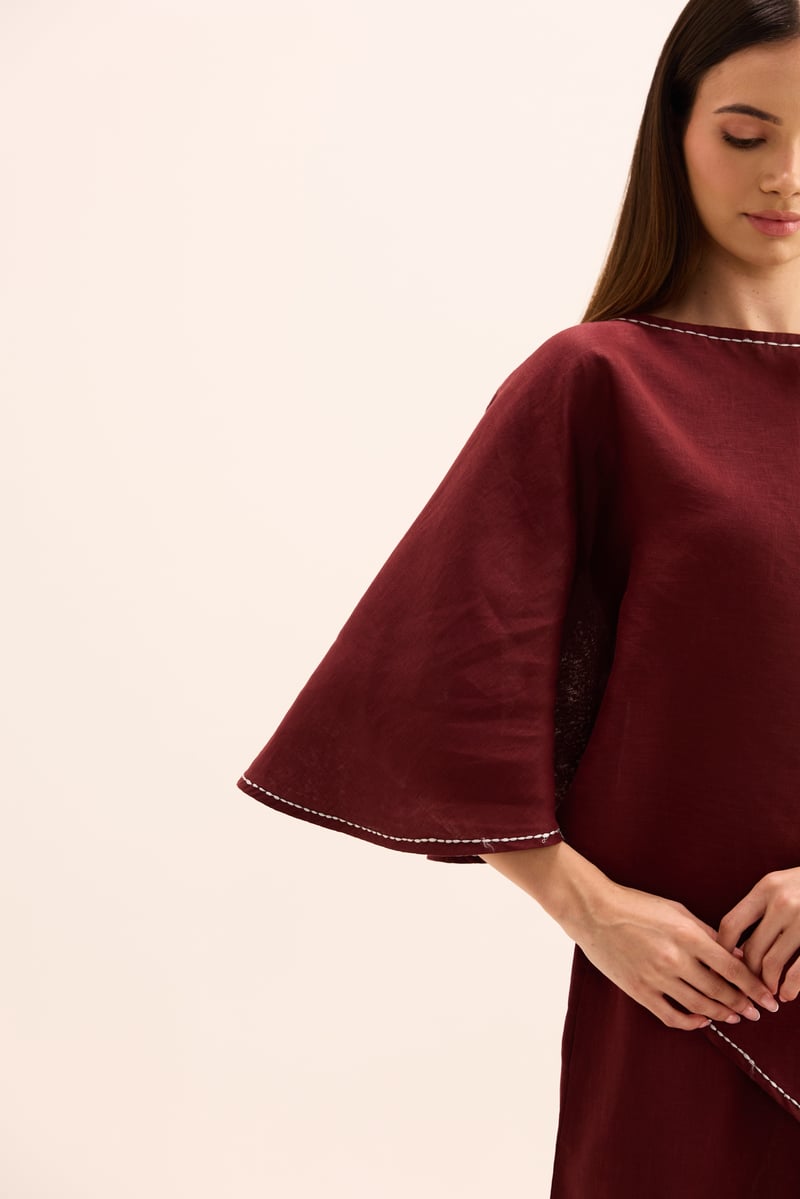 Burgundy Linen Asymmetric Cape Top and Pants Co-ord Set