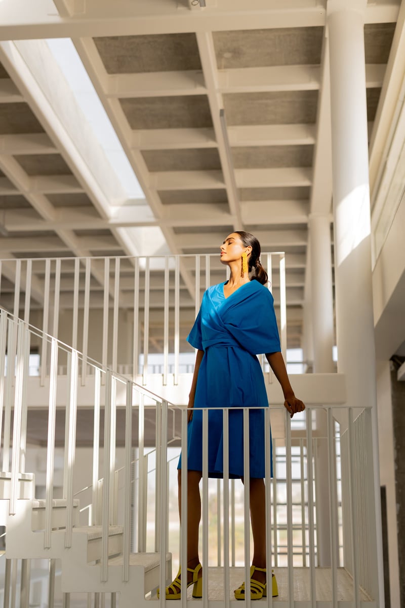 Blue Cotton Poplin Wrap Dress with Kimono Sleeves