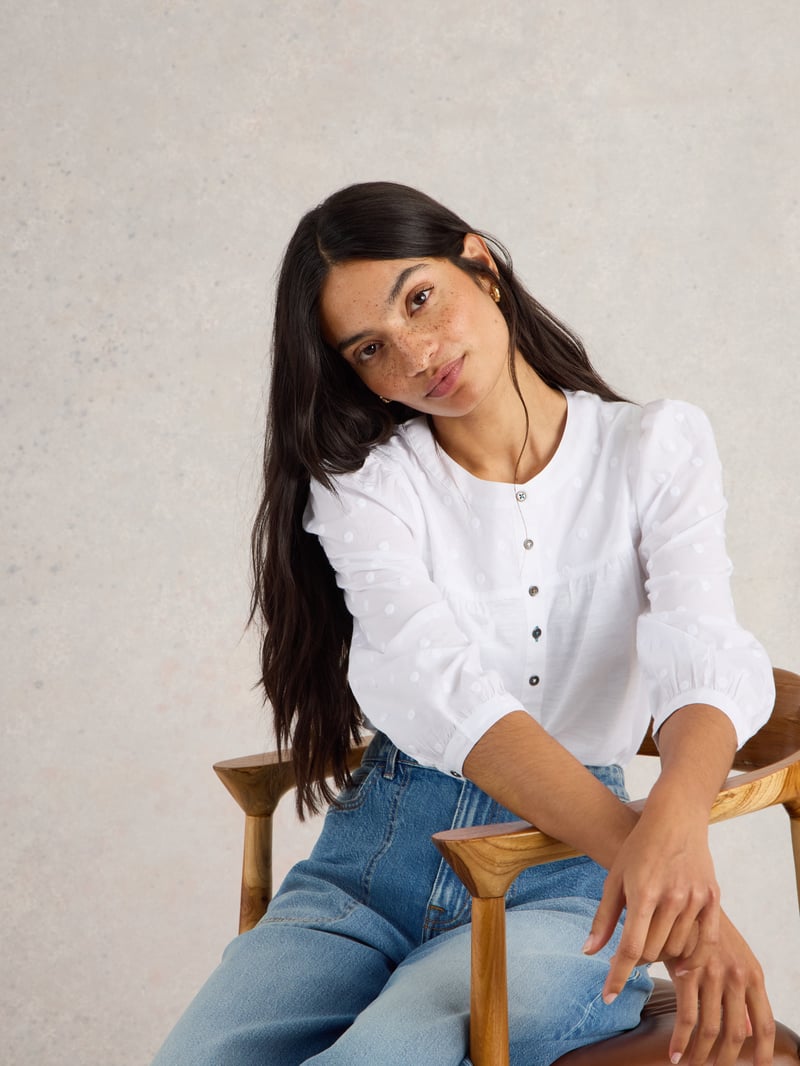 Pale Ivory Dobby Top with Puff 3/4 Sleeves