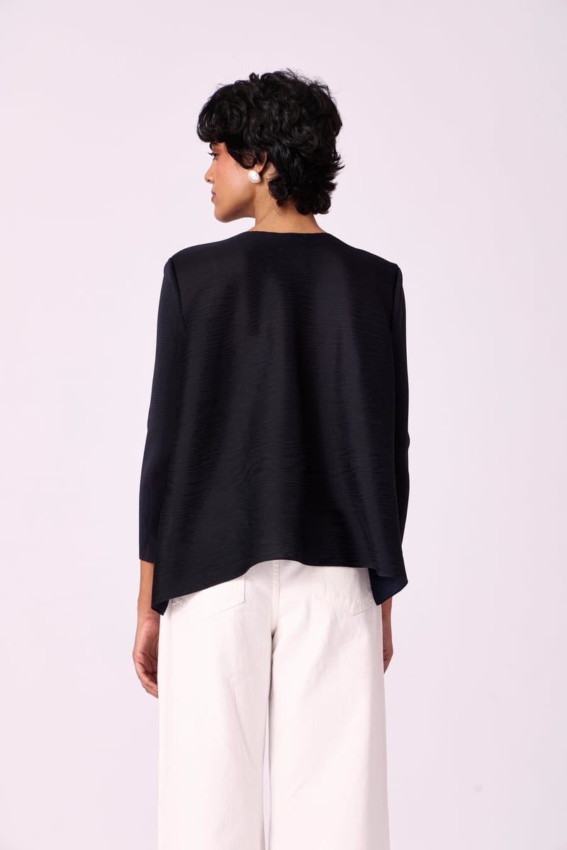 Black Pleated Floral Shirt with Pearl Details