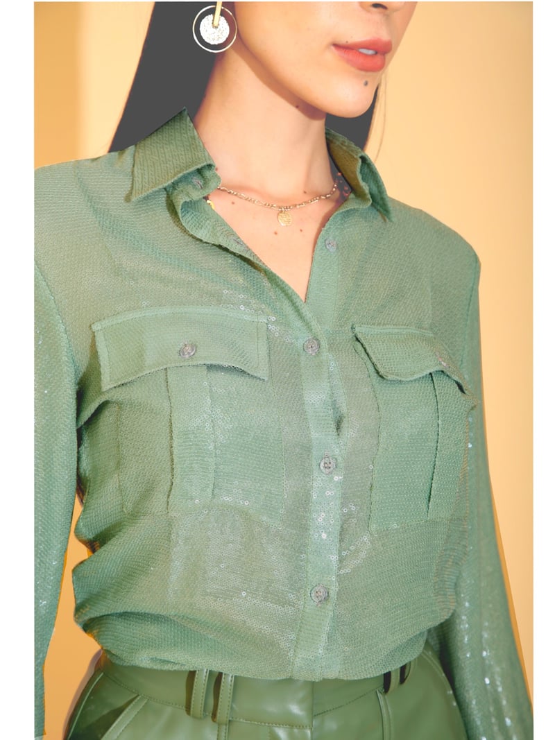 Aqua Blue Sequins Georgette Shirt with Balloon Sleeves
