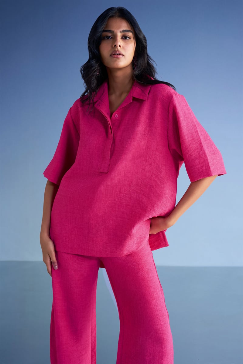 Fuchsia Linen-Textured High-Low Popover Top
