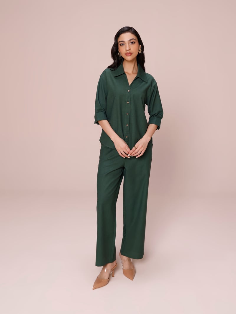 Forest Green Linen Blend Shirt and Pants Co-ord Set