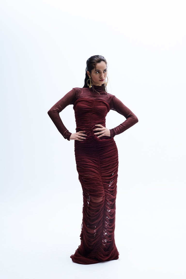 Maroon Ruched Mesh Bodycon Maxi Dress