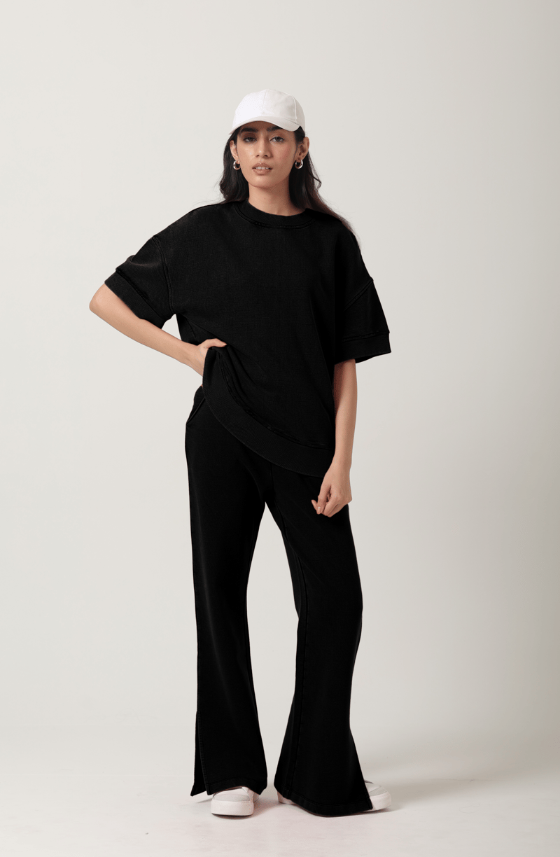 Black Cotton Terry Short Sleeve Sweatshirt — Necesera