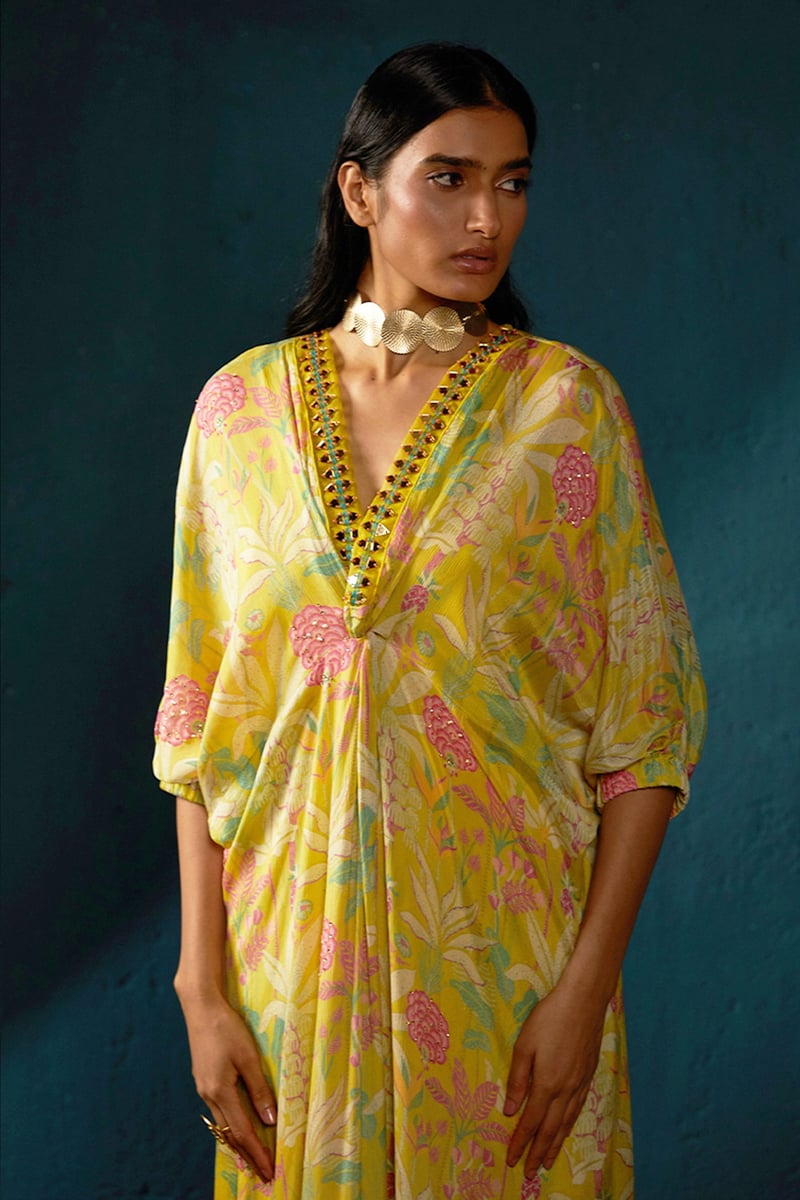 Yellow Floral Printed Long Kaftan with Embellished V-Neck