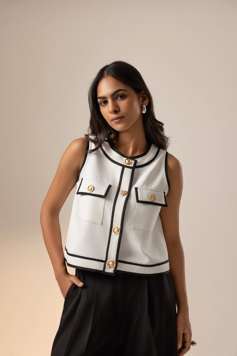 White Crepe Sleeveless A-Line Top with Contrast Piping — Studio MuGu