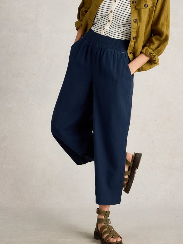 Dark Navy Pull-On Culotte Trousers with Smocked Waist