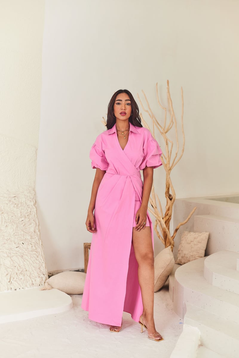 Pink Poplin Wrap-Front Maxi Dress with Front Slit — Urban Suburban