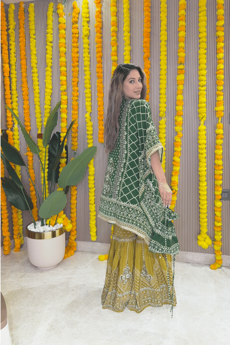 Green Kaftan and Mustard Gharara Co-ord Set