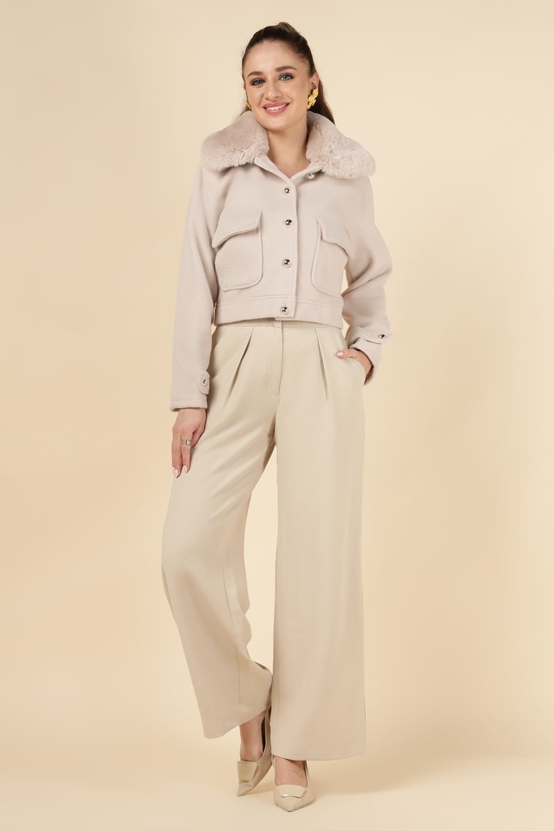 Beige Cropped Button-Front Jacket with Faux-Fur Collar