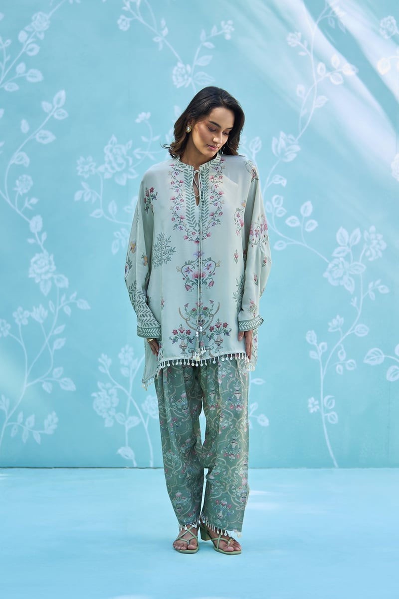 Green Botanical Print Tunic and Pants Co-ord Set
