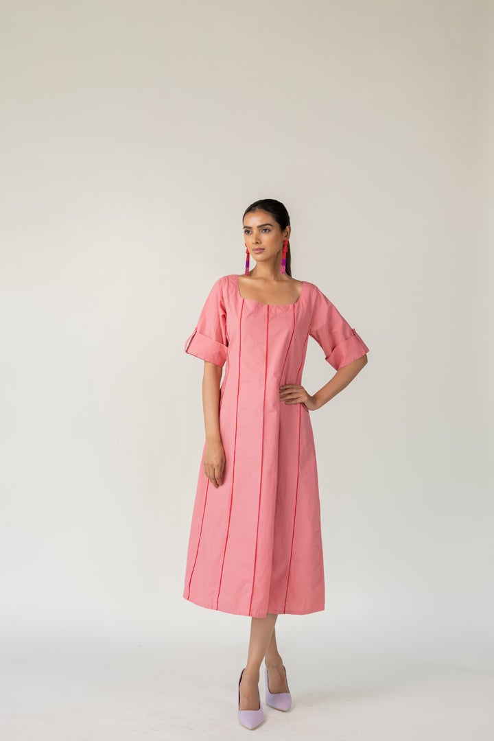 Blush Pink Poplin A-Line Midi Dress with Square Neck