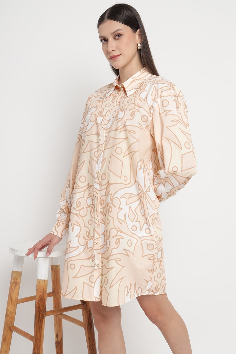 PALMA BEIG Printed Mini Shirt Dress with Button Front