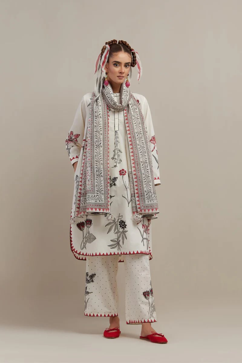 Off-White Floral Printed Straight Cotton Kurta Set with Dupatta — Upavita