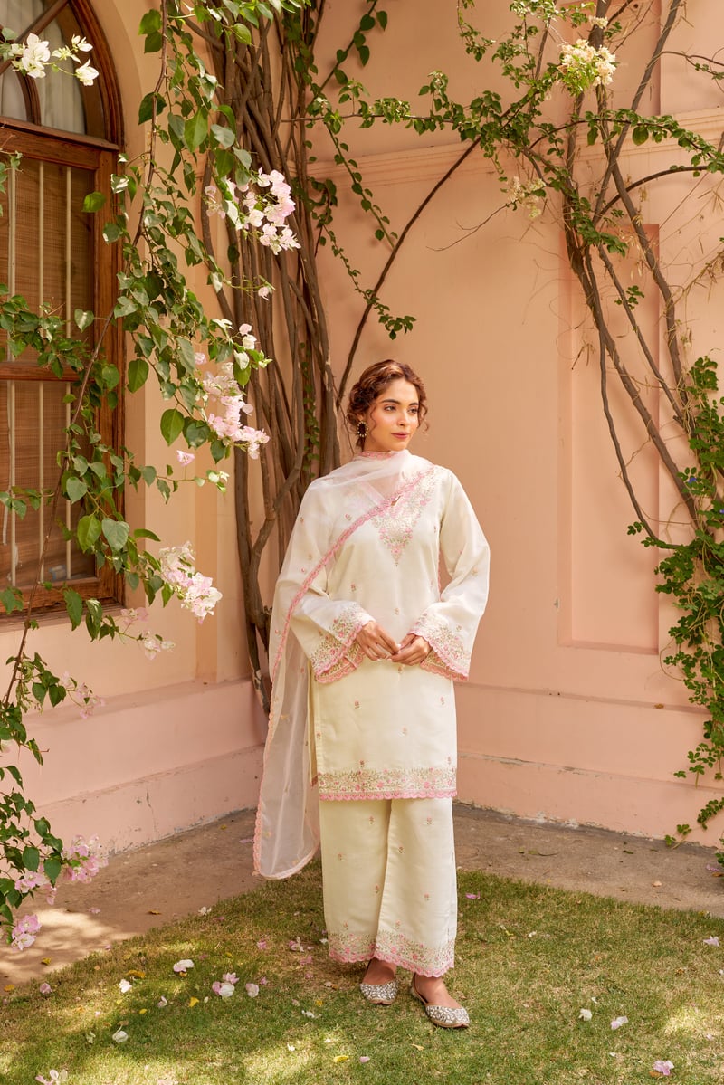 Ivory and Pink Chanderi Embroidered Straight Suit Set