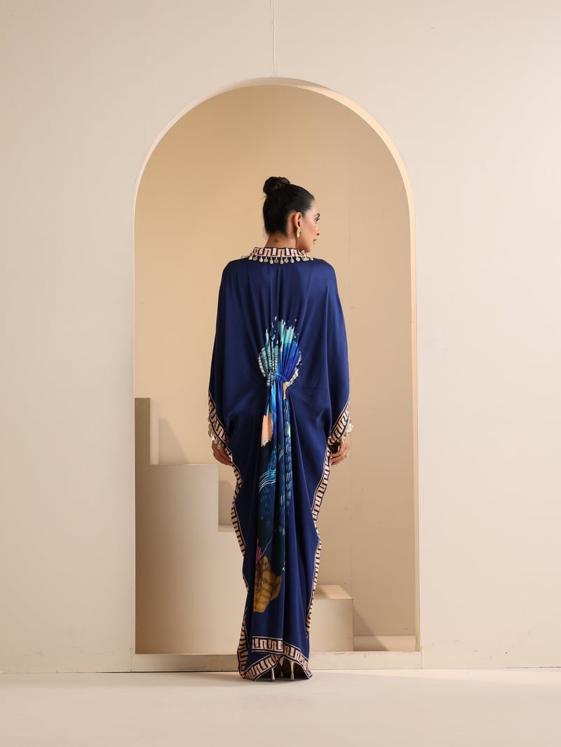 Blue Hand-Painted Abstract Modal Satin Kaftan