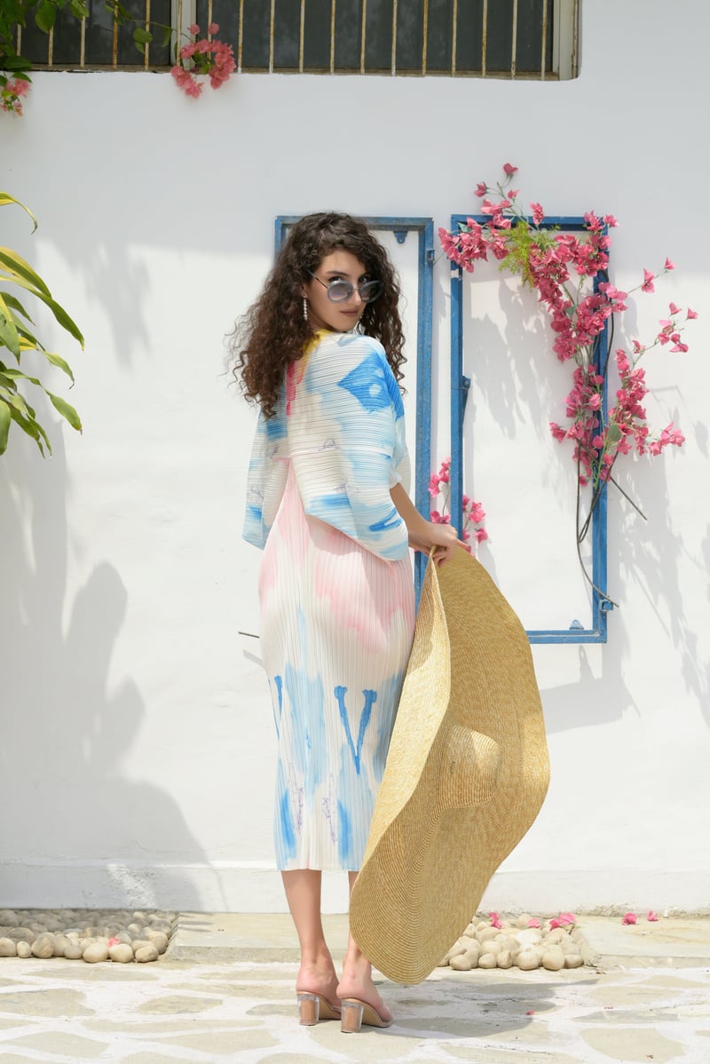 Colour Splash Pleated Kimono Sleeve Midi Dress